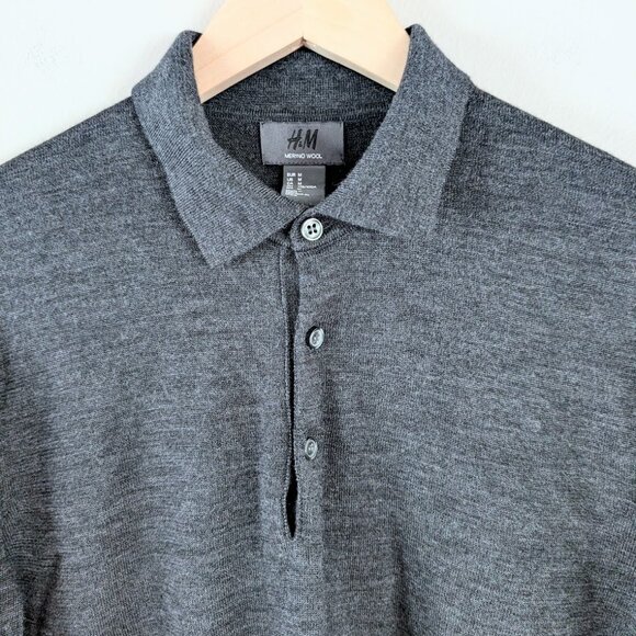 H&M Charcoal Gray Long Sleeve 100% Merino Wool Polo Shirt Slim Fit Office Work M - Picture 1 of 8